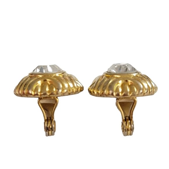 Monet Gold Tone Oval Clear Glass Rhinestone Center Clip-On Earrings, Signed K987 - Picture 3 of 9